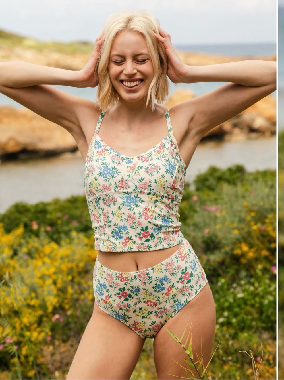 NWT Lime Ricki Cream Floral Swimsuit Tankini with Pink and Blue Flowers